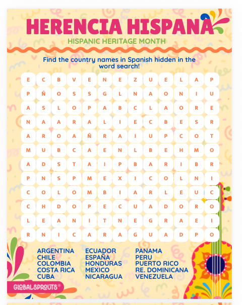 Hispanic Heritage Month Activities for Kids: Printable Word Search + Flags